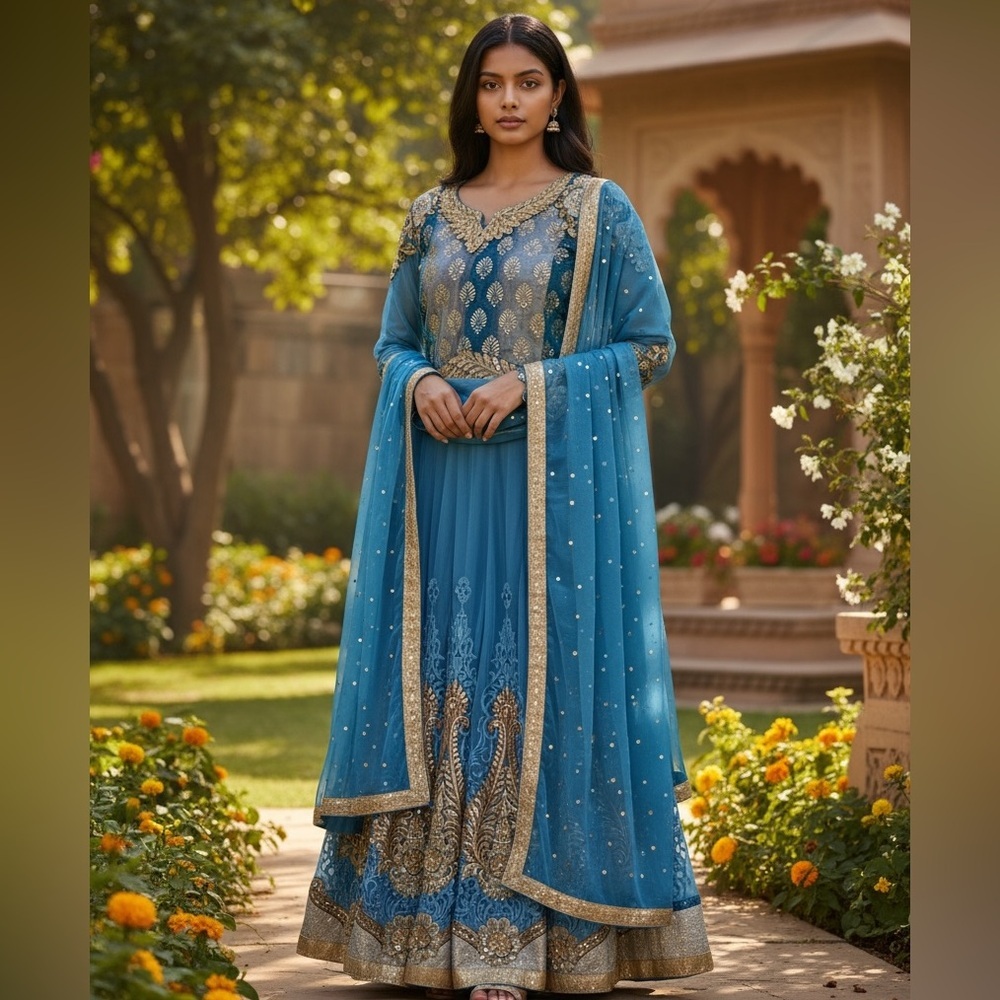Indian Designer Light Blue Velvet Ombre & Net Anarkali - Picture 1 of 5